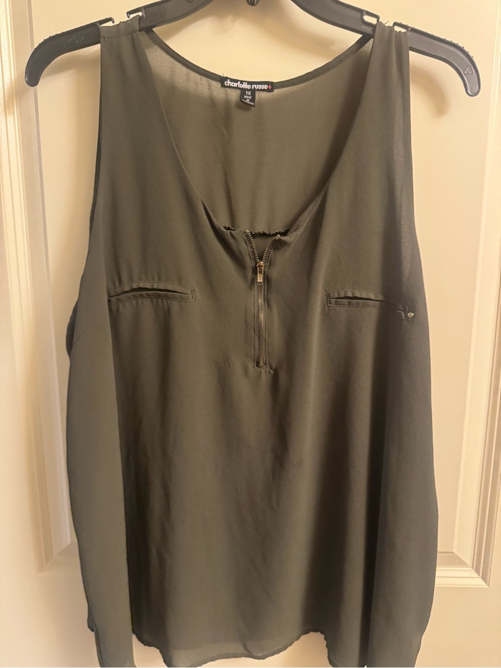 Charlotte Russe Olive Green Zip-Neck Sleeveless Camisole